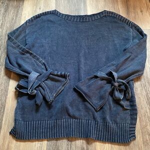 Crewneck Rib Knit Navy Blue Ribbon Tie Sleeves Sweater One Size Coquette Cottage